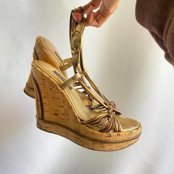 Amazing Y2k Dolce Gabbana Tropical Cork Wedges with golden accents size 35